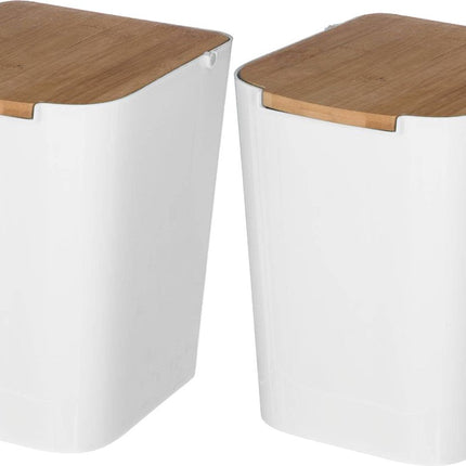 5Five prullenbak/vuilnisbak - 2x stuks - 5 liter - bamboe - wit/lichtbruin - 24 x 19 cm - badkamer