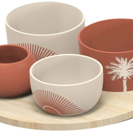 5Five Serveerplank acacia hout - met 4x luxe schaaltjes - D26 cm - tapas en saus schaaltjes - kleuren mix terra/wit - hapjes plateau