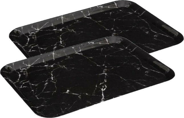 5Five Dienblad/serveer tray Marble - 2x stuks - Melamine - zwart - 33 x 43 cm - serveren - dienbladen