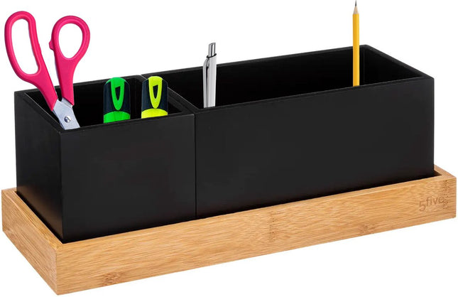 5Five pennenbakje/bureau organizer - zwart - 29 x 11 x 11 cm - bamboe hout