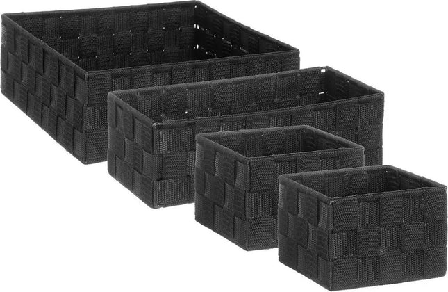 Set van 4x gevlochten opbergmanden - zwart - Kast/badkamer mandjes verschillende formaten