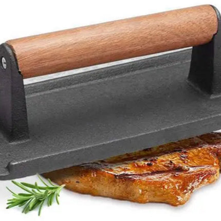 Gietijzeren Hamburgerpress XL – Zware Grill- en BBQ Press voor Hamburgers, Smashburgers en Vlees – Rechthoek – Met Houten Handvat - Vleespress - Press voor gegrilde groenten