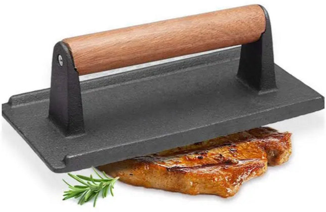 Gietijzeren Hamburgerpress XL – Zware Grill- en BBQ Press voor Hamburgers, Smashburgers en Vlees – Rechthoek – Met Houten Handvat - Vleespress - Press voor gegrilde groenten
