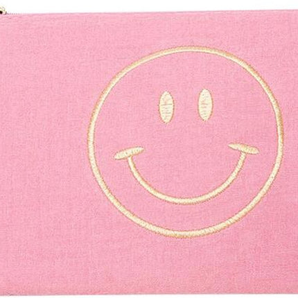 Smiley Make-up Tas - Roze Katoen Cosmetic Tasje (22x16 cm) - Met Kwastje & Borduursel - Ideaal voor Make-up, Sieraden of Reisaccessoires