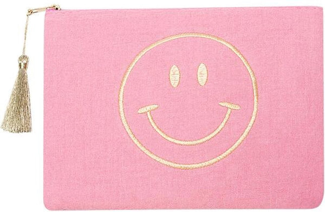 Smiley Make-up Tas - Roze Katoen Cosmetic Tasje (22x16 cm) - Met Kwastje & Borduursel - Ideaal voor Make-up, Sieraden of Reisaccessoires