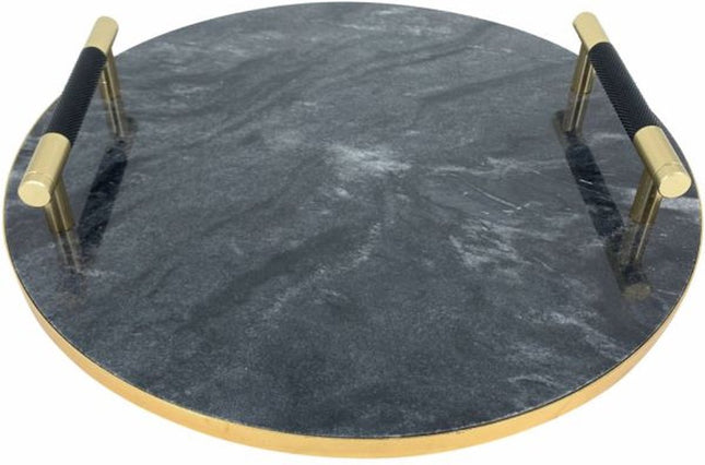 Dienblad Plateau marmer rond met handvaten 30 cm - zwart