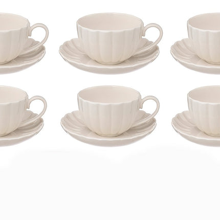 Set van 6 Witte Porseleinen Koffiekopjes met Schotel – 22 cl – Elegant Geribbeld Design