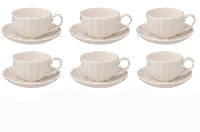 Set van 6 Witte Porseleinen Koffiekopjes met Schotel – 22 cl – Elegant Geribbeld Design