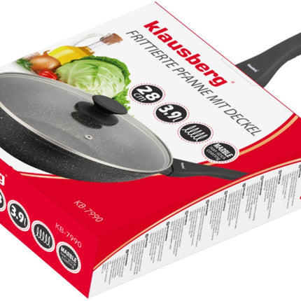 Klausberg Wokpan 28 cm met Deksel – Marble Anti-aanbaklaag – 3.9L – Inductie Geschikt – Aluminium Wok – Met Glazen Deksel – KB-7990
