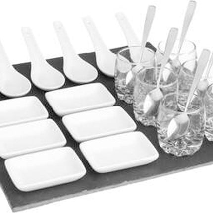 Secret de Gourmet Serveerplank/amuse/aperitief hapjes - leisteen/porselein - wit - voor 6x personen - 25-delig - keuken/tafelen