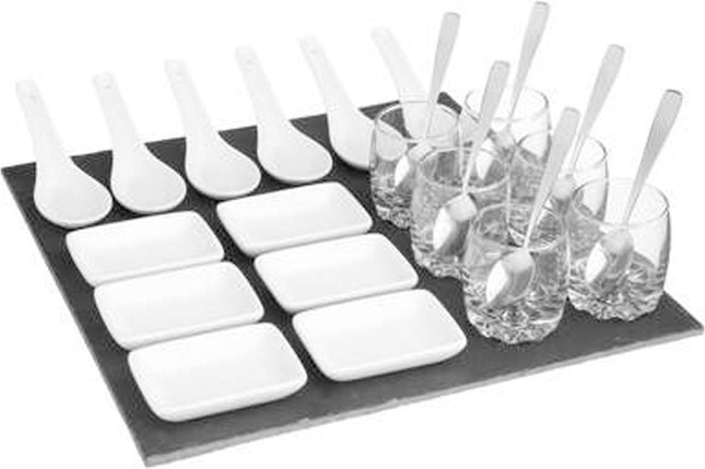 Secret de Gourmet Serveerplank/amuse/aperitief hapjes - leisteen/porselein - wit - voor 6x personen - 25-delig - keuken/tafelen