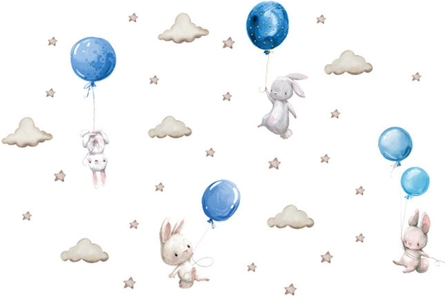 Wandsticker Konijntjes met Ballonnen - Blauw - Set Wanddecoratie voor Kinderkamer - 76x115 cm - Zelfklevende Muurstickers voor Peuterspeelzaal & Kinderkamer