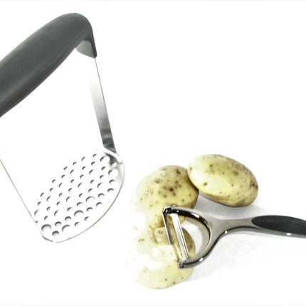 KINGHOFF Professionele Aardappelstamper en Dunschiller Set - Roestvrijstalen Pureestamper met Anti-Slip Greep - Grafietkleurige Dunschiller