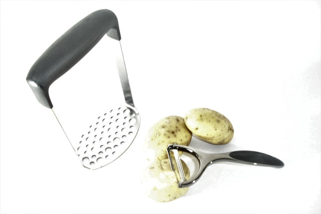 KINGHOFF Professionele Aardappelstamper en Dunschiller Set - Roestvrijstalen Pureestamper met Anti-Slip Greep - Grafietkleurige Dunschiller