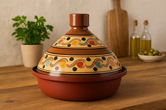 Tajine 30 cm – Handgemaakt Aardewerk & Aluminium – Traditioneel Marokkaans – Rood/Bont - Geschikt voor alle warmtebronnen - Inclusief inductie