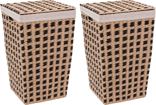 5Five Wasmand gevlochten Riet - 2x - beige/zwart - 40 liter - 33 x 33 x 53 cm - met deksel