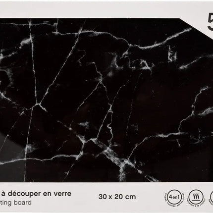 5Five snijplank/serveerplank van glas - rechthoek - zwart met marmer print - 30 x 20 cm