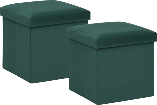 Atmosphera Poef/krukje/hocker Amber - 2x - Opvouwbare zit opslag box - fluweel smaragd groen - D38 x H38 cm - MDF/polyester