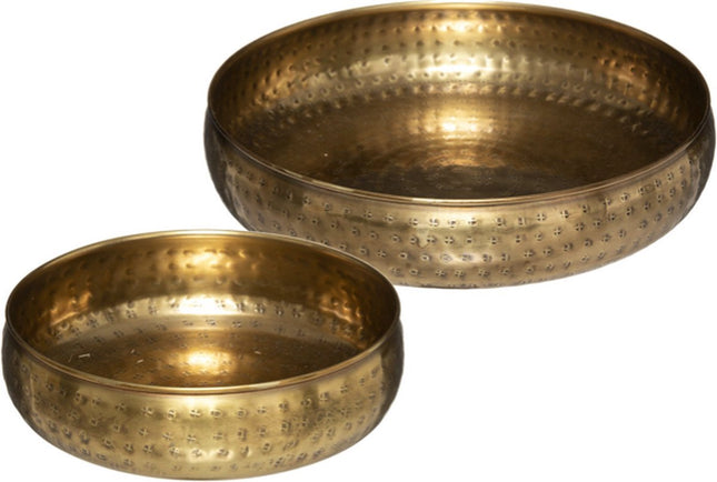 Schalen set van 2 stuks goudkleurig bewerkt metaal d. 30.5cm en 20 cm