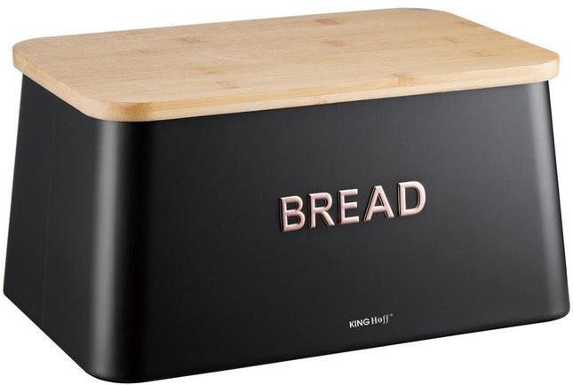 KINGHOFF Broodtrommel 2 in 1 - Zwart - 35x23x18 cm - Met Bamboe Dekblad - Hygienisch & Eenvoudig Schoonmaken - Kan als Snijplank Gebruikt Worden