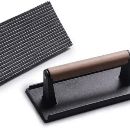 Gietijzeren Hamburgerpress XL – Zware Grill- en BBQ Press voor Hamburgers, Smashburgers en Vlees – Rechthoek – Met Houten Handvat - Vleespress - Press voor gegrilde groenten