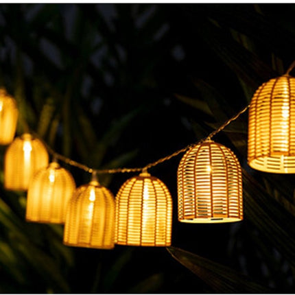 Atmosphera Solar tuin lantaarns lichtsnoer - naturel - rotan kunststof - 335 cm - buiten - Led licht