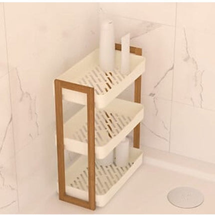 5Five Badkamer douche rekje - 3 laags - recht model - wit - kunststof/bamboe - 35 x 20 x 45 cm
