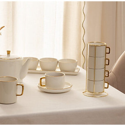 Secret de Gourmet Koffiemokken Athena - 6x stuks - Keramiek - wit/goud - 350 ml - 8 x 9 cm