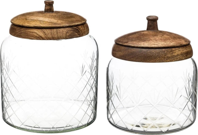 Set van 2x snoeppotten/voorraadpotten glas met mangohouten deksel - 1200 ml - 2700 ml - Bonbonnieres