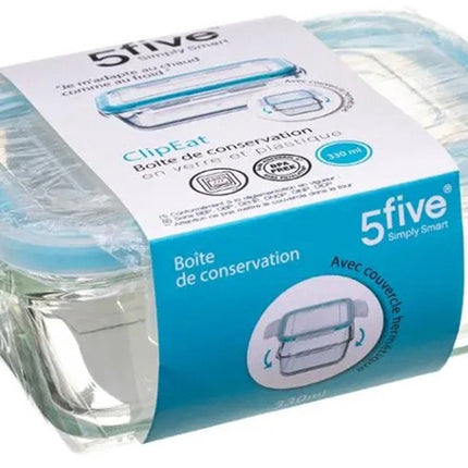 5Five Vershoudbakje met deksel - 3x - glas - luchtdicht - met clips - 14 x 10 x 5 cm - 330 ml