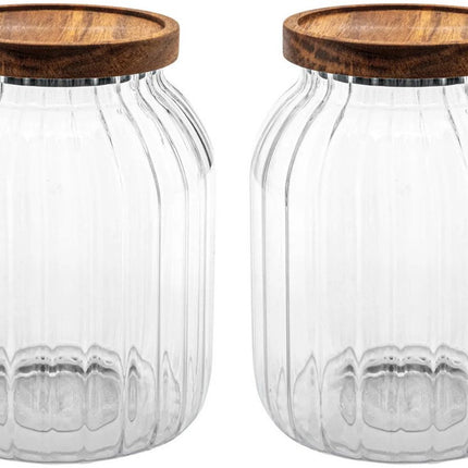 5Five voorraadpot Acacia hout - 2x - glas - 2L - 13 x 18 cm - keuken voorraadpotten - Voedsel/snoep/koekjes