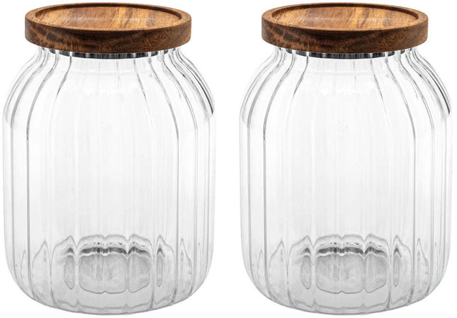 5Five voorraadpot Acacia hout - 2x - glas - 2L - 13 x 18 cm - keuken voorraadpotten - Voedsel/snoep/koekjes