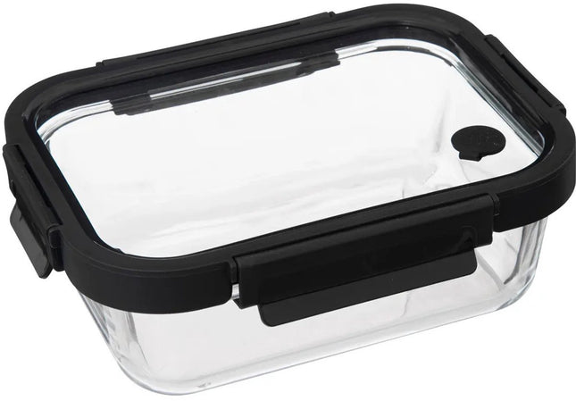 5Five Vershoudbakje met deksel - glas - luchtdicht - met clips - 21 x 17 x 7 cm - 900 ml - zwart/transparant