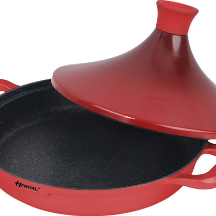 Kook Tajine Saffron 30 cm - Non-stick - PFOA free- Geschikt voor Alle Kookplaten - Rood incl. ovenwanten en vilt