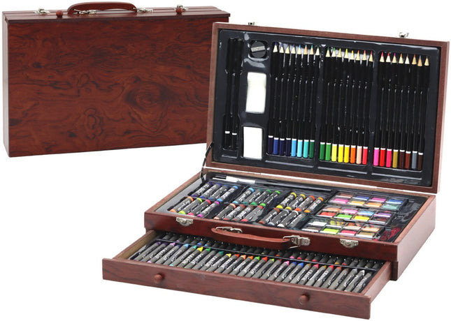 Houten Kunstschilders Koffer Tekenset - 60 Pastelkrijtjes, 24 Verven, 24 Kleurpotloden - Compleet Creatie Set voor Kinderen - Schildersset - Koffer - Tekenkoffer - Schilderskoffer