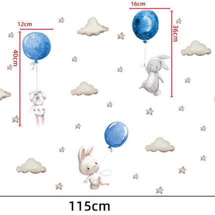 Wandsticker Konijntjes met Ballonnen - Blauw - Set Wanddecoratie voor Kinderkamer - 76x115 cm - Zelfklevende Muurstickers voor Peuterspeelzaal & Kinderkamer