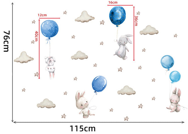 Wandsticker Konijntjes met Ballonnen - Blauw - Set Wanddecoratie voor Kinderkamer - 76x115 cm - Zelfklevende Muurstickers voor Peuterspeelzaal & Kinderkamer