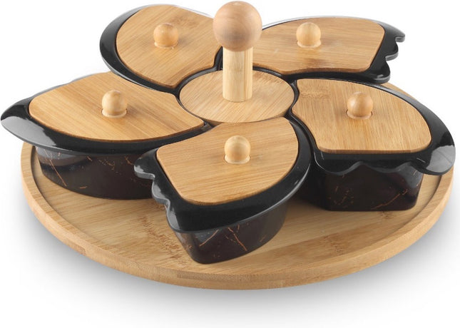Serveer tapasschaal op houten draaiplateau met melamine schaaltjes - Hapjes - Borrelplank-zwart