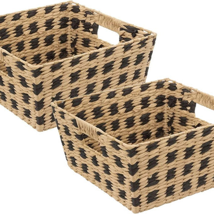 Five Opbergmand - 2x - gevlochten riet - vierkant - beige/ zwart - 31 x 15 cm - mandje - opberger