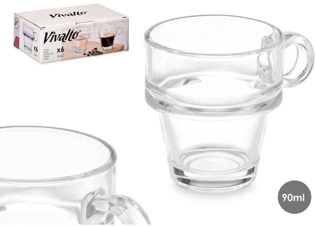Vivalto Espressokop - Set van 6 - Stapelbaar - 90ml - Espressoglas - Kleine Koffieglas