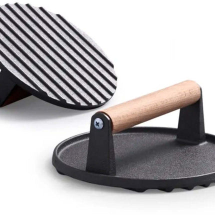 Set van 2 Gietijzeren Hamburgerpressen XL - Ronde & Rechthoekige BBQ Press voor Hamburgers, Smashburgers en Groenten - Met Houten Handvat - Grillaccessoires - BBQ Accessoire / Kamado Accessoires