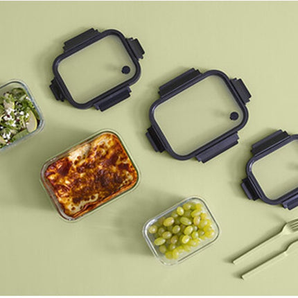 5Five Vershoudbakje met deksel - 3x - glas - luchtdicht - met clips - 19 x 14 x 7 cm - 500 ml - zwart/transparant
