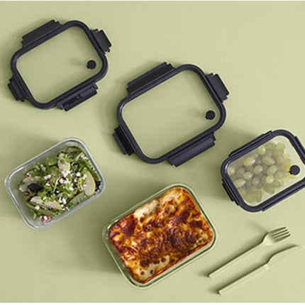 5Five Vershoudbakje met deksel - 3x - glas - luchtdicht - met clips - 19 x 14 x 7 cm - 500 ml - zwart/transparant