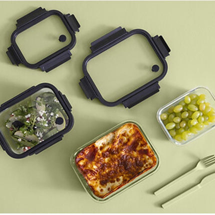 5Five Vershoudbakje met deksel - glas - luchtdicht - met clips - 23 x 18 x 8 cm - 1300 ml - zwart/transparant