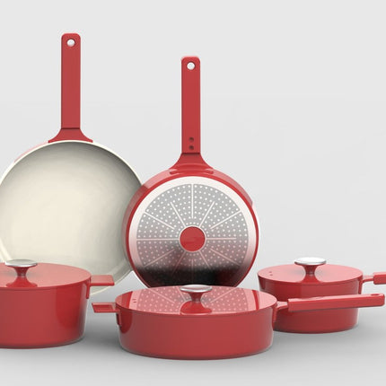 Moderne Pannenset – 4-delig + 3-delig Kookgerei | Robuust & Duurzaam Cast Aluminium Kookgerei - Rood