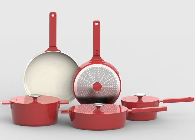 Moderne Pannenset – 4-delig + 3-delig Kookgerei | Robuust & Duurzaam Cast Aluminium Kookgerei - Rood