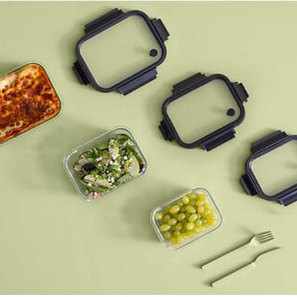 5Five Vershoudbakje met deksel - glas - luchtdicht - met clips - 21 x 17 x 7 cm - 900 ml - zwart/transparant