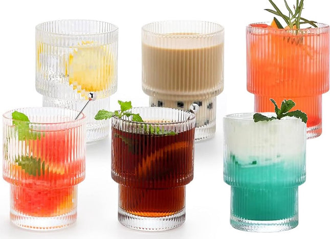 Geribbelde Drinkglas- koffie glas – 185 ml – Set van 6 - cocktailglazen, ijskoffieglazen, longdrinkglazen,