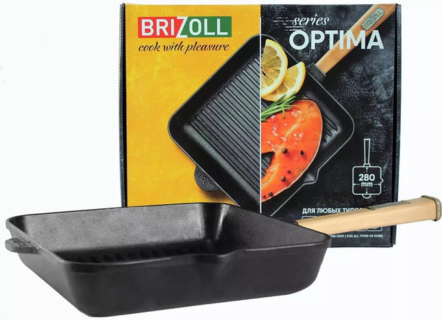 BRIZOLL Gietijzeren Grillpan Vierkant met Afneembare Handgreep - 28x28 cm - Alle warmtebronnen