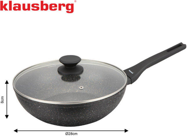 Klausberg Wokpan 28 cm met Deksel – Marble Anti-aanbaklaag – 3.9L – Inductie Geschikt – Aluminium Wok – Met Glazen Deksel – KB-7990